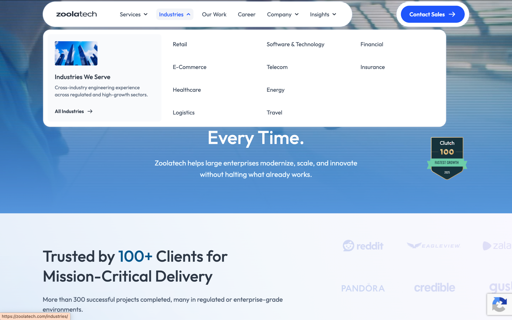 Zoolatech website homepage describing its engineering teams for fintech, healthcare and retail
