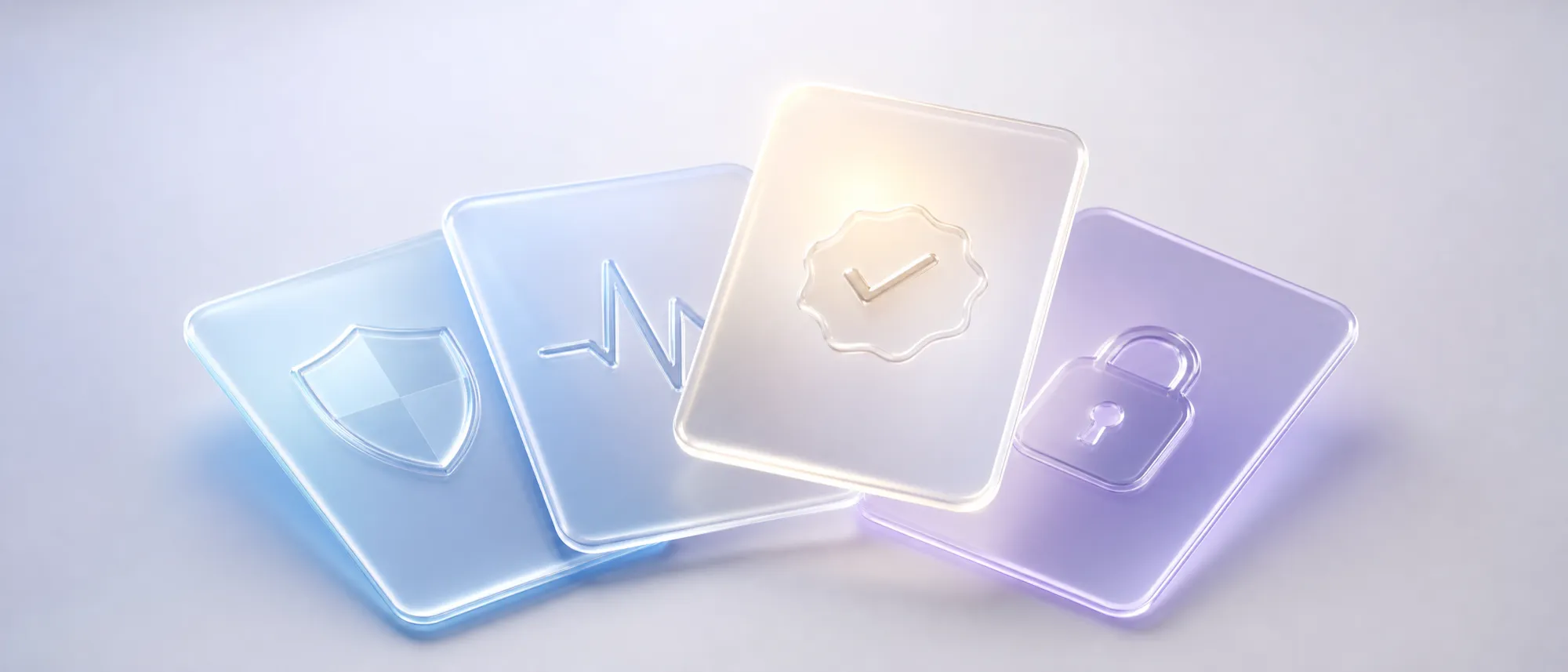 Fanned glass dossier cards marked with shield, pulse, padlock and check-seal emblems, one lit as the selected partner