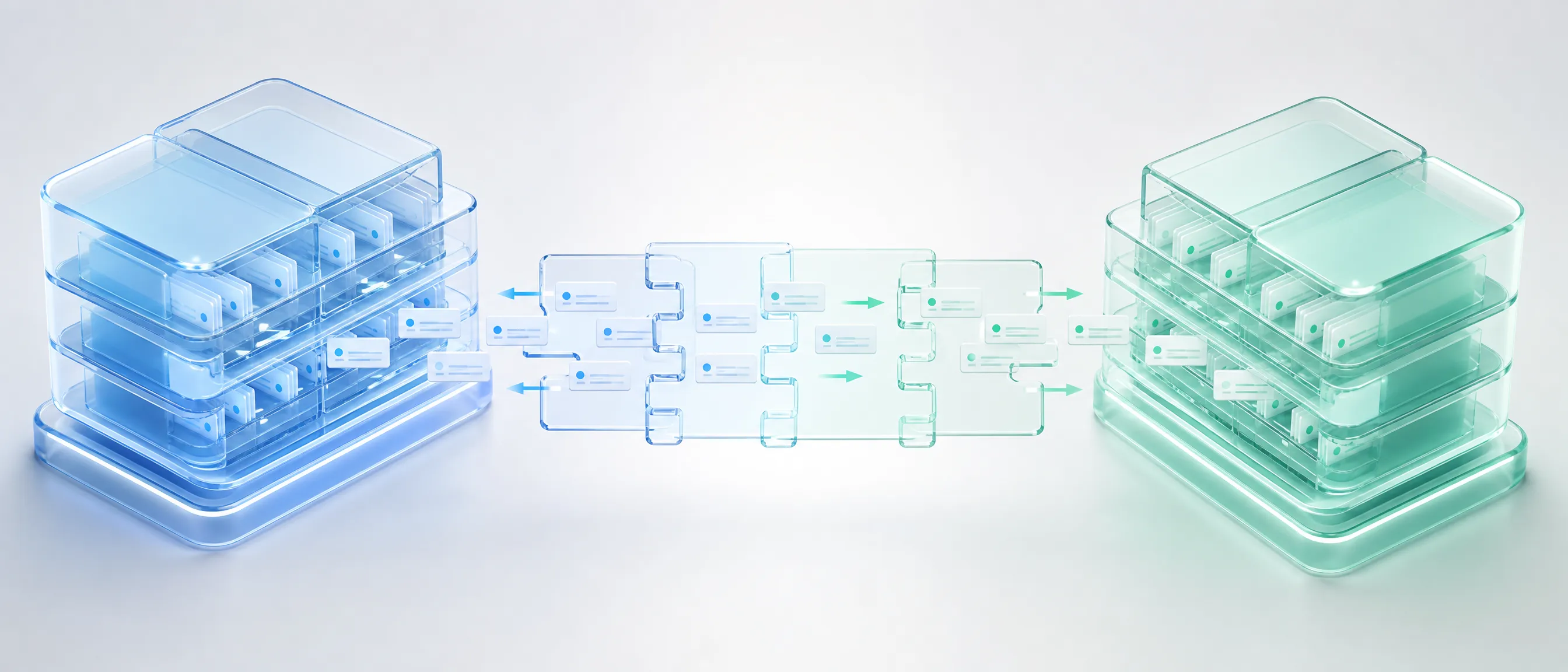 Two health record systems joined by a standardized interface bridge with patient records flowing across it in both directions