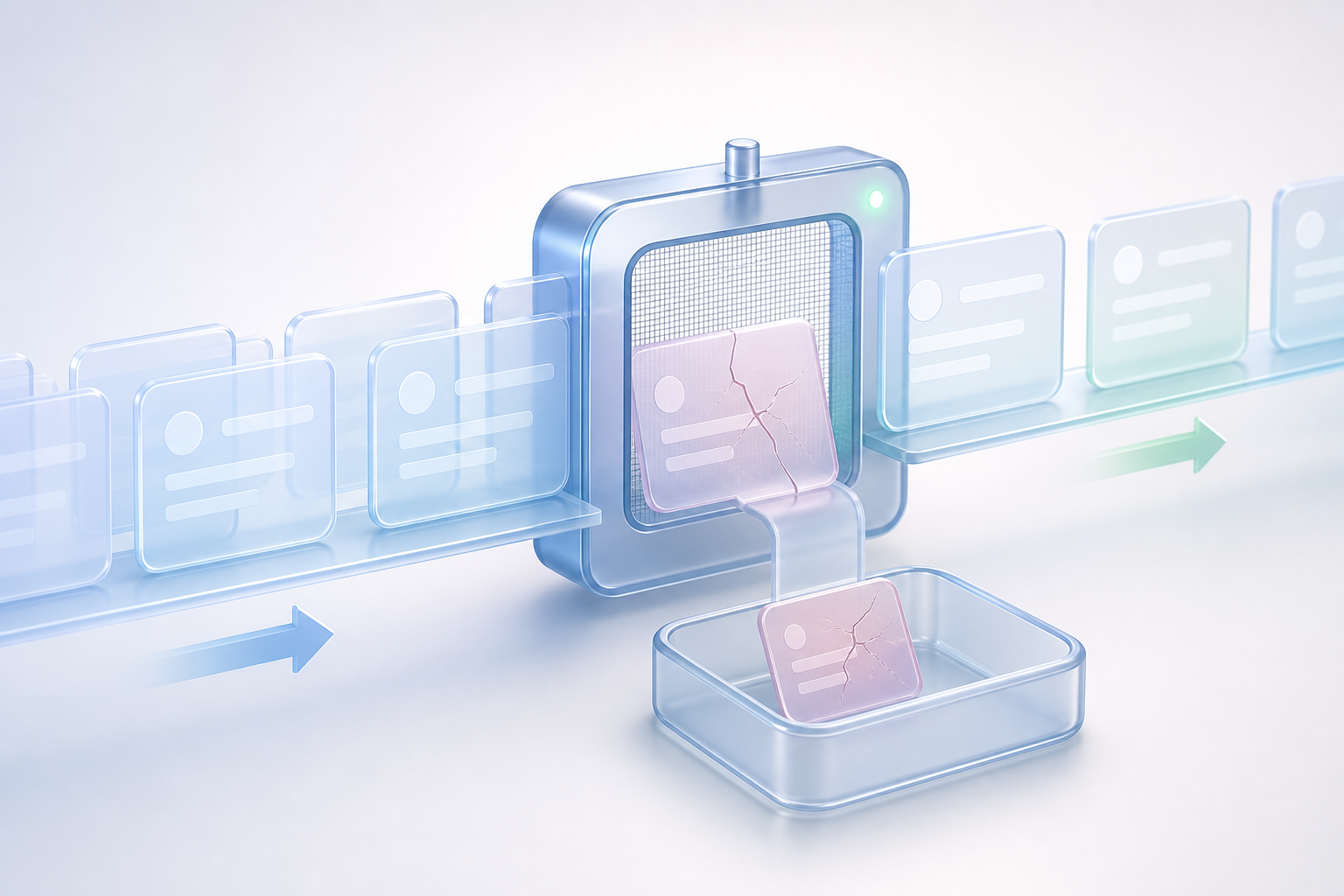 A stream of uniform patient records passing through a filter gate that catches a single malformed record and diverts it into a holding tray