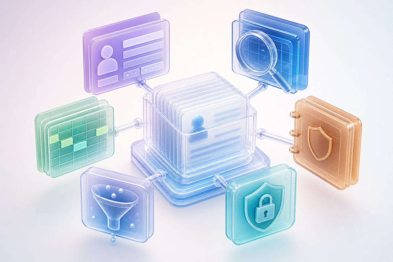 A central patient record store with six docked subsystems representing identity, patient matching, data mapping, audit logging, error handling and encryption