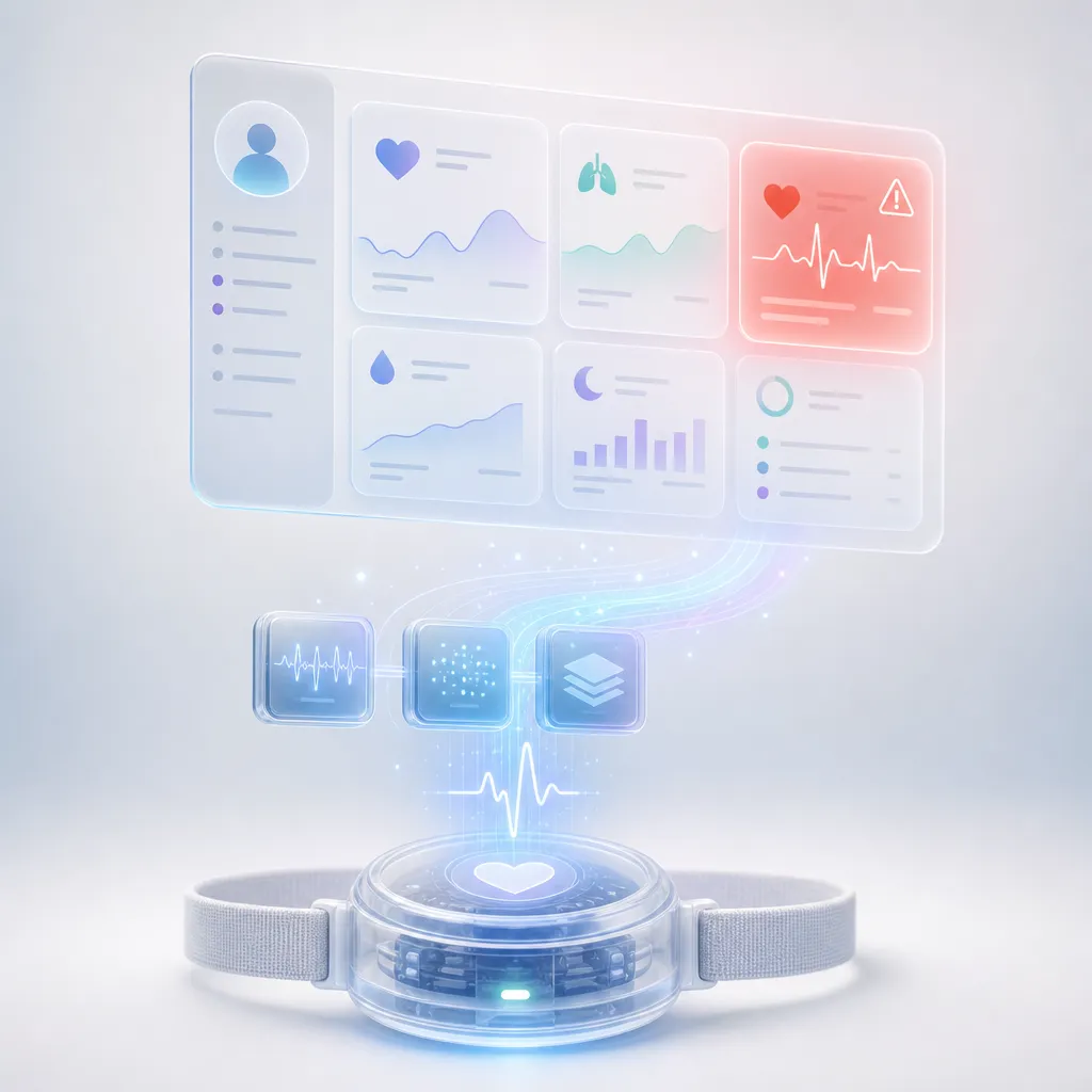 A wearable sensor emitting a vitals waveform into a clinician dashboard with one highlighted alert