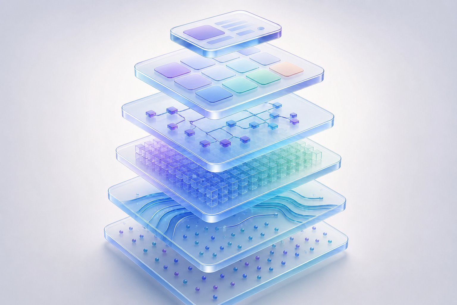 Six stacked layers of a remote patient monitoring system from sensor ingestion through storage and rules to the clinician dashboard and patient app