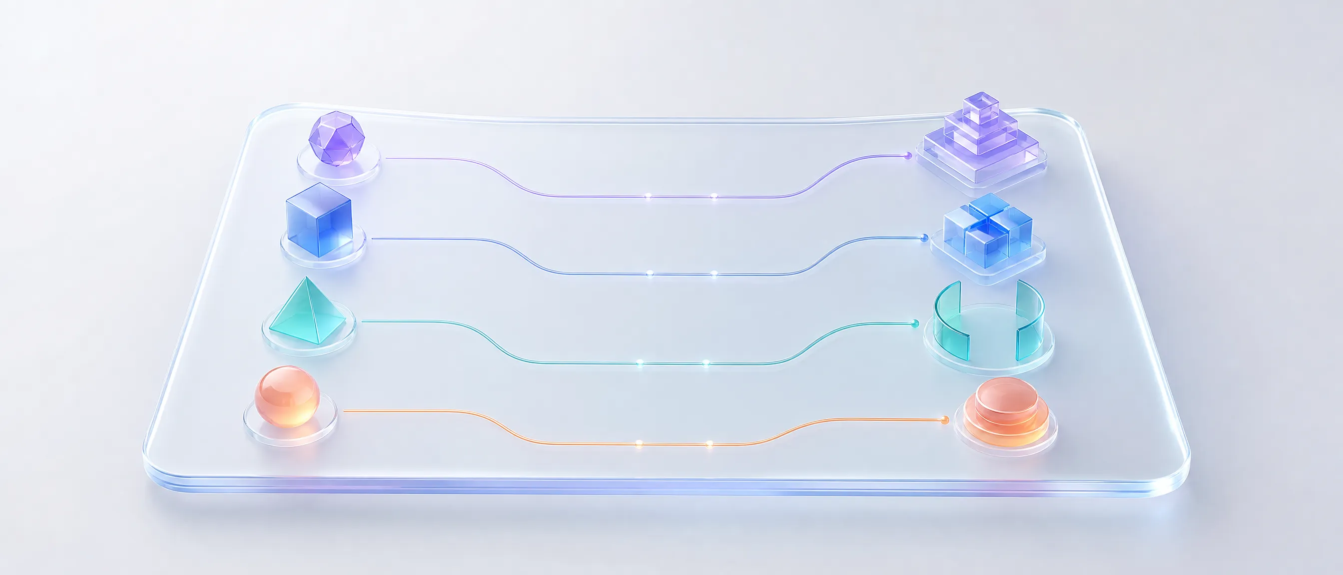 An advisory table surface with four problem tokens on one side and four matching solution structures on the other, connected by guiding paths