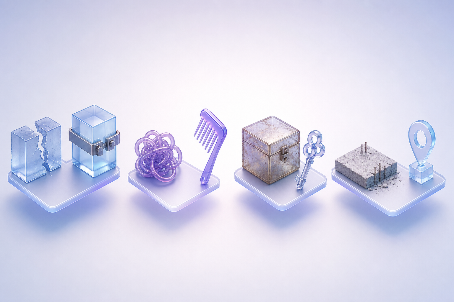 Four broken structures each paired with the specific repair tool that fits it, representing four different healthcare IT engagement shapes