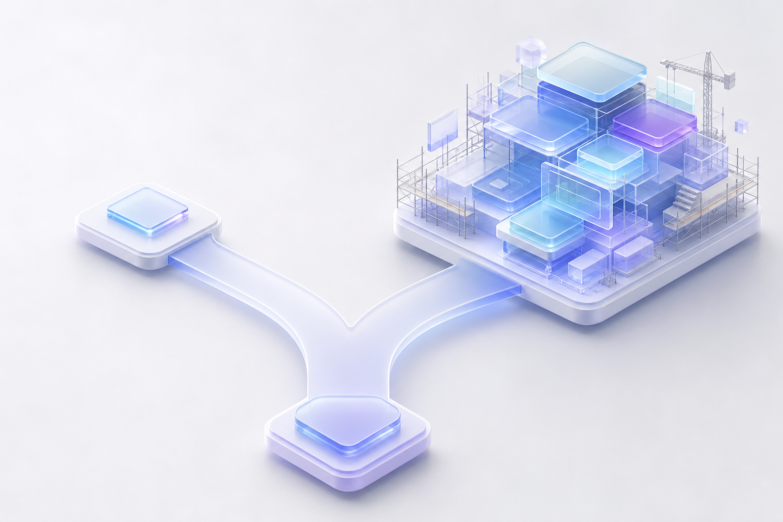 A decision fork where one path ends in a small advisory document and the other in a large multi-module build under construction