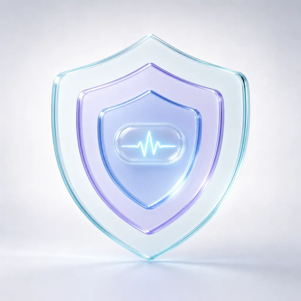 Square illustration of a heart-rate waveform protected by three nested glass shield layers