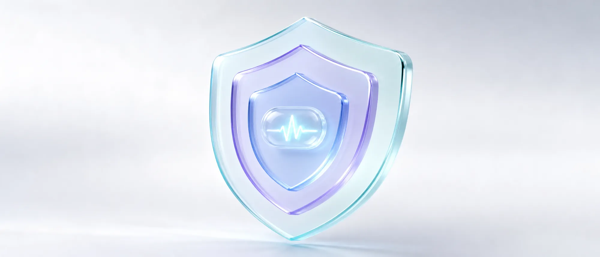 Glowing capsule with a heart-rate waveform wrapped in three concentric glass shield layers representing administrative, physical, and technical safeguards