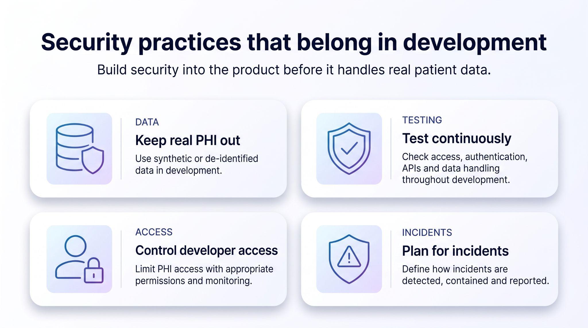 Four security practices for healthcare app development: keeping real PHI out of development, continuous testing, controlling developer access, and incident planning