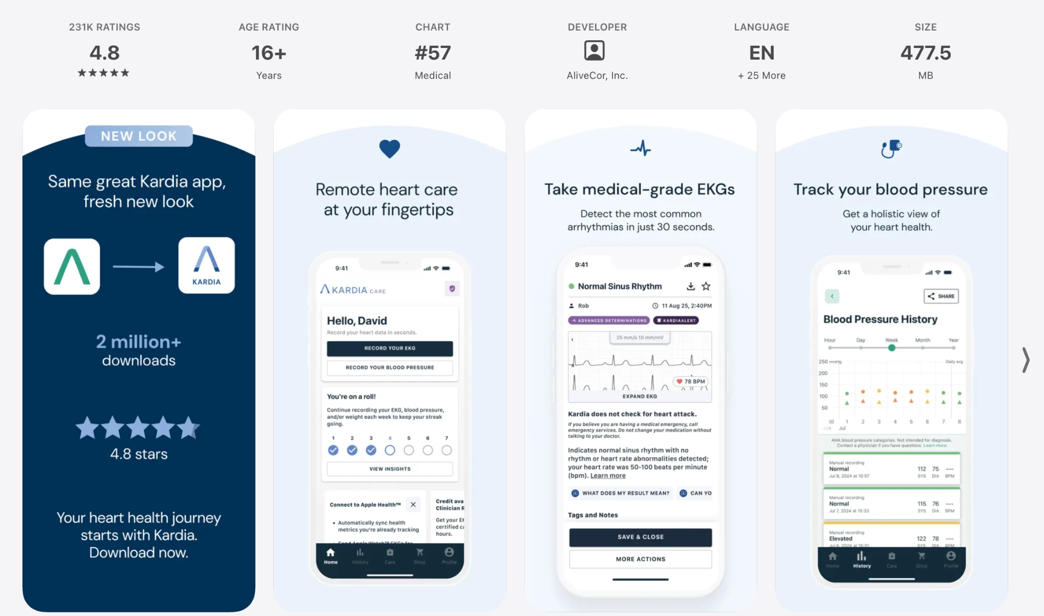 AliveCor Kardia app screens showing medical-grade EKG recording and blood pressure tracking