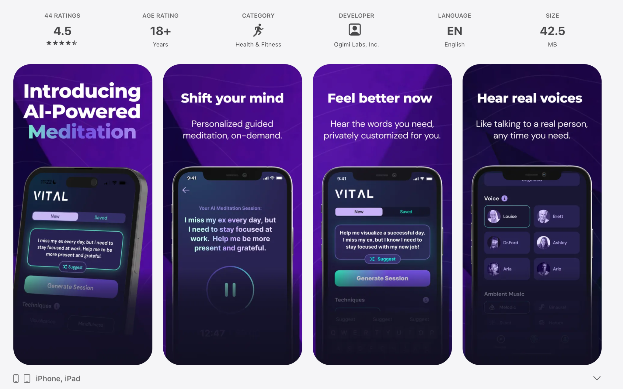 App store listing screenshot for a wellness app with a guided-session interface
