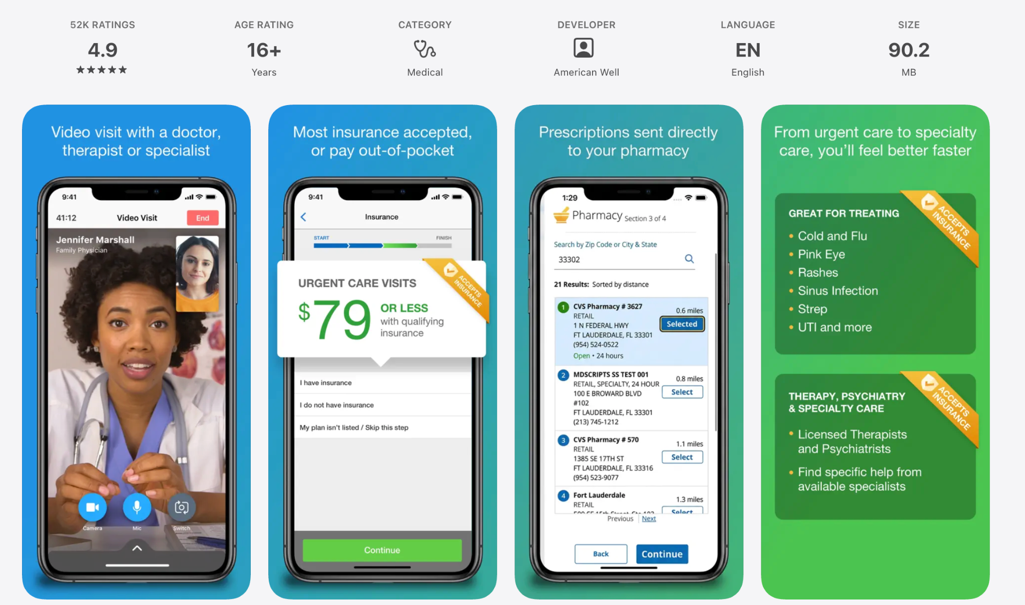 Amwell telemedicine app screens showing video visits, insurance selection, and pharmacy lookup