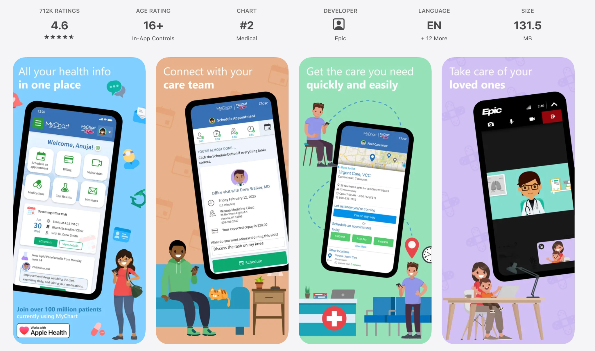 Epic MyChart app screens showing patient health records, care team messaging, and video visits