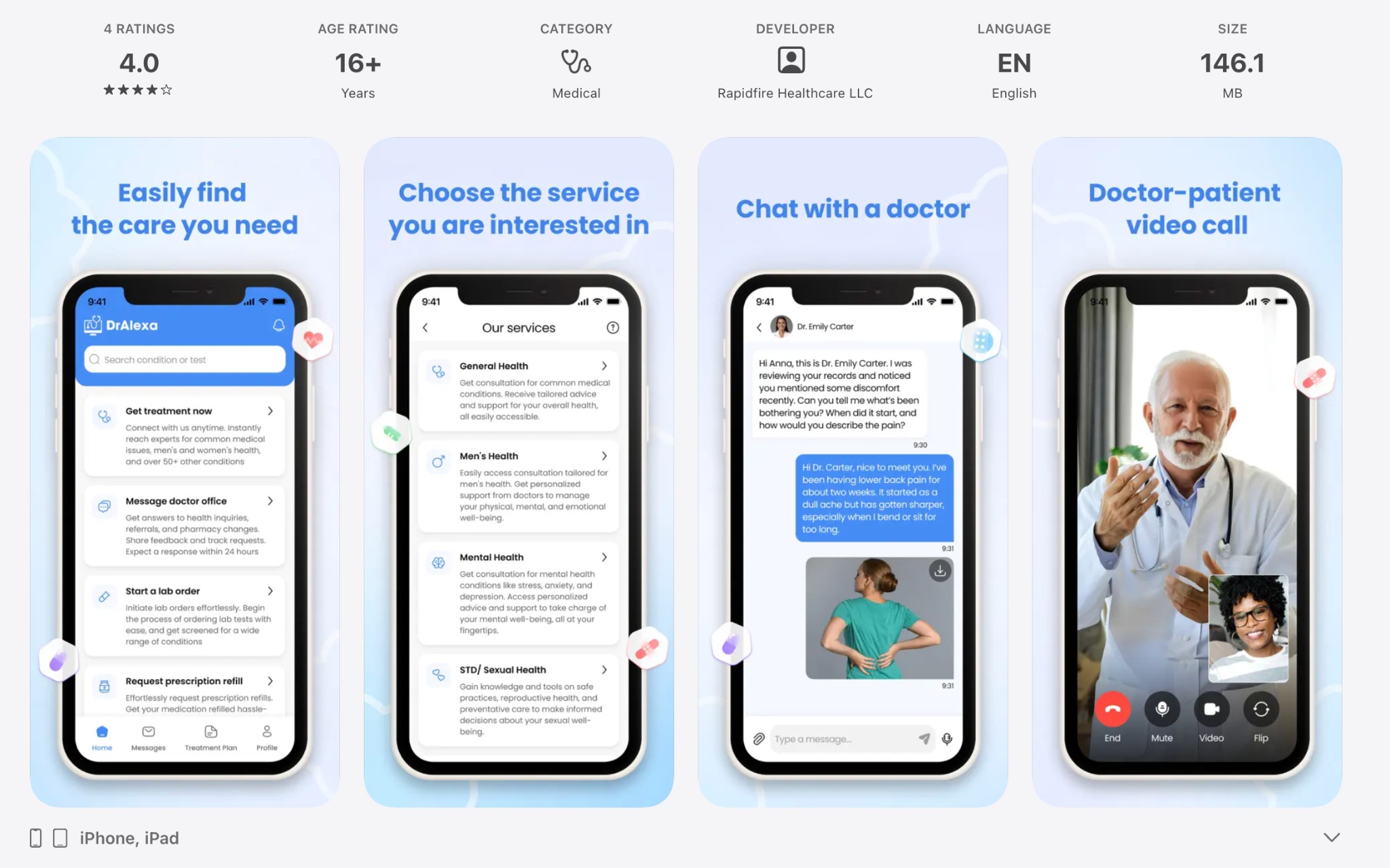 Dr.Alexa healthcare booking app screens showing service selection, doctor chat, and video consultation
