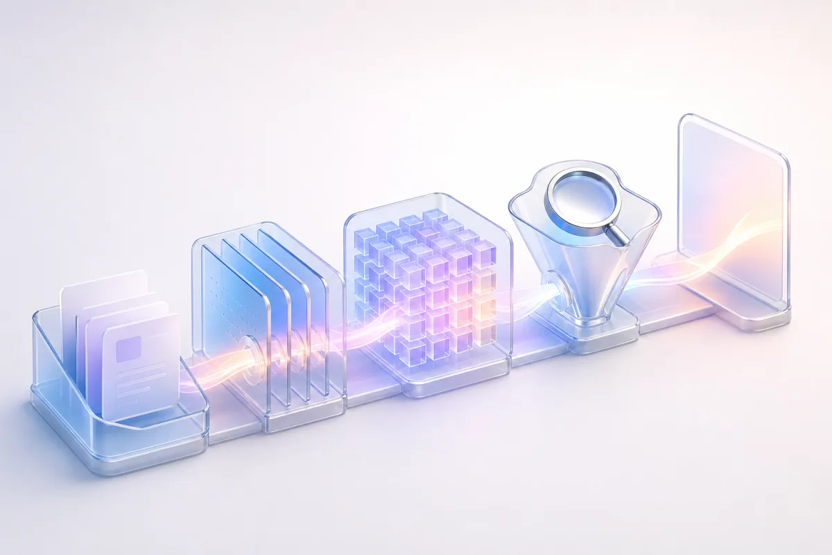 Five glass modules in sequence - a document intake tray, a splitter, a grid of vector cubes, a retrieval funnel with a magnifier, and an output panel - showing the five stages of a RAG pipeline