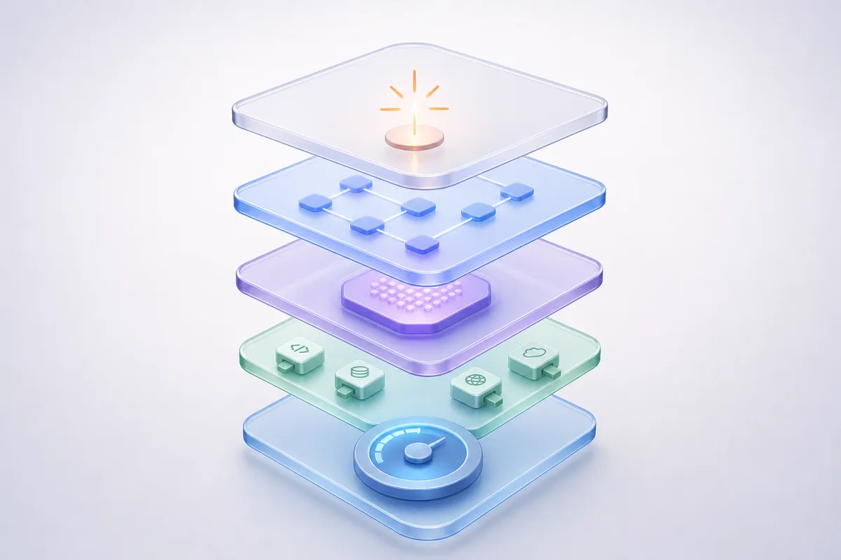 Five exploded translucent architecture layers representing trigger, orchestration, model core, tool integrations and monitoring in an AI automation system