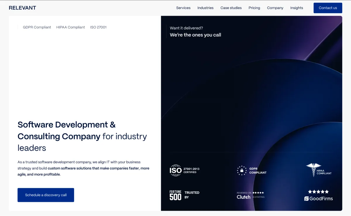 Relevant Software website homepage presenting its fintech and banking development practice