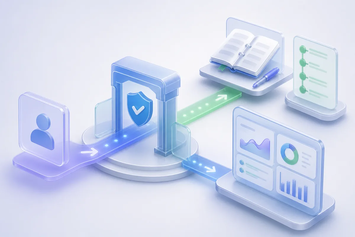 Conceptual illustration of a partner evaluation gate with an audit trail and monitoring dashboard