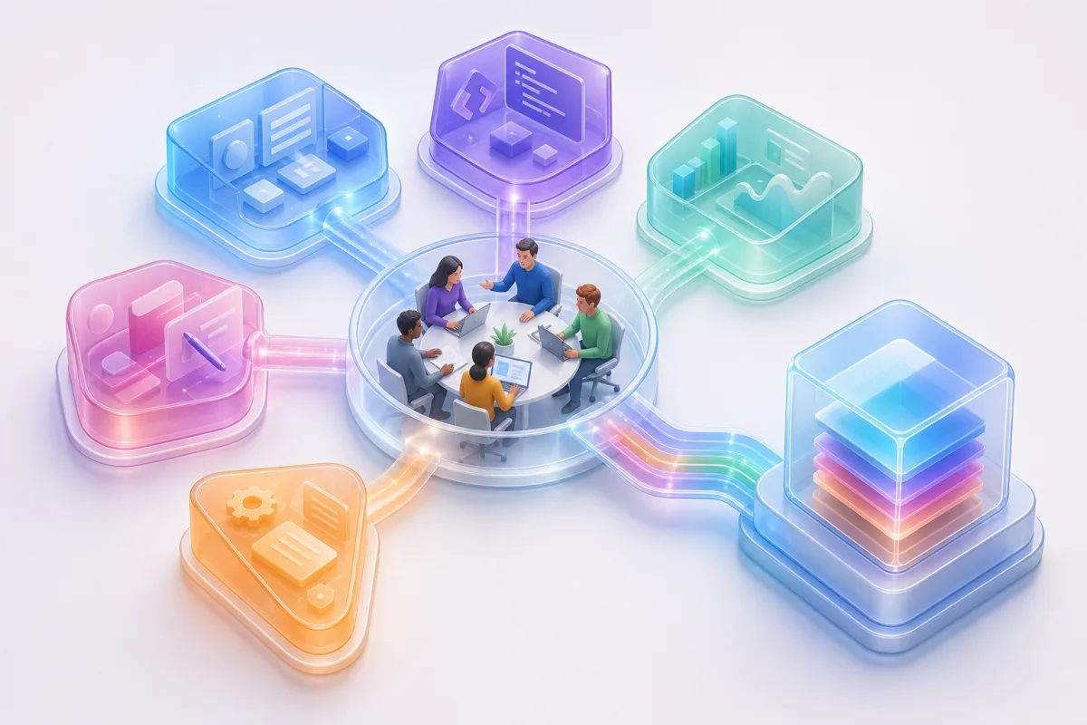 Conceptual illustration of a coordinated software team handling a multi-part project
