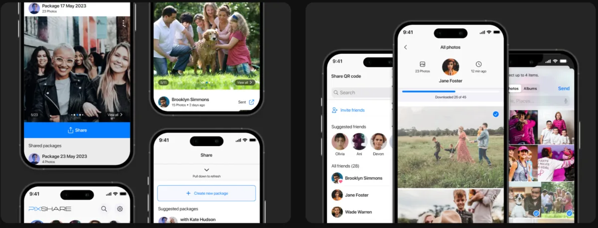PixShare app screens showing on-device face recognition and automatic photo sharing
