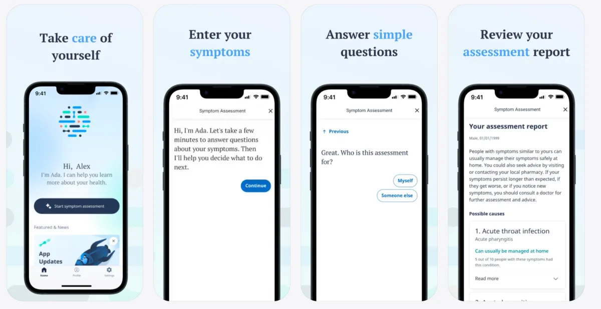 Ada AI Doctor app screens showing the conversational symptom assessment flow