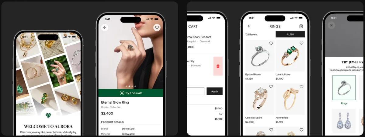 Aurora app screens showing AR virtual try-on for jewelry shopping