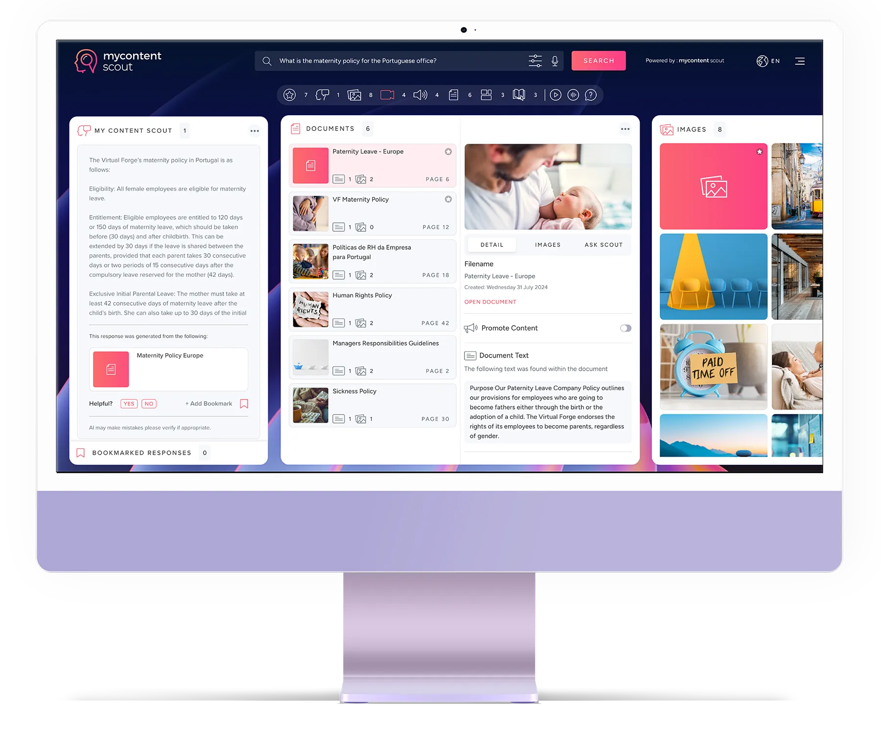 MyContentScout User Interface UI with AI Panel Documents and Images