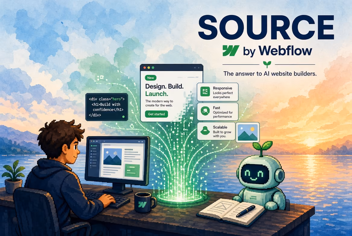 Pixel art illustration of a developer and an AI robot building a website together, with the Source by Webflow logo and tagline.