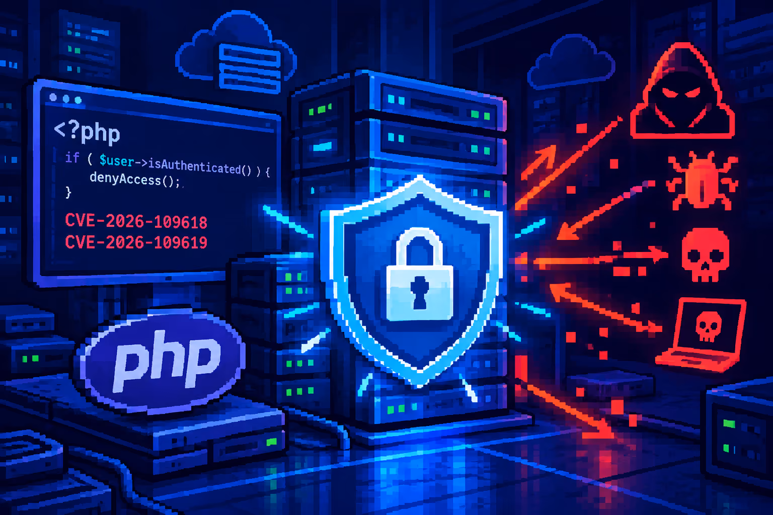 Pixel art illustration of PHP security vulnerabilities and server protection.