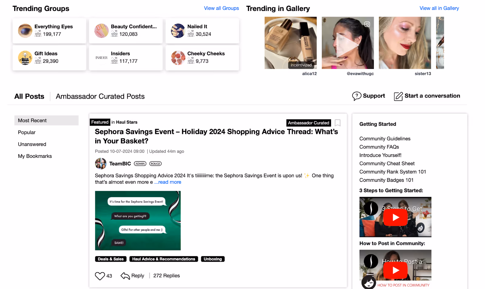 Screenshot of Sephora's website showing what is trending and what brand events are underway