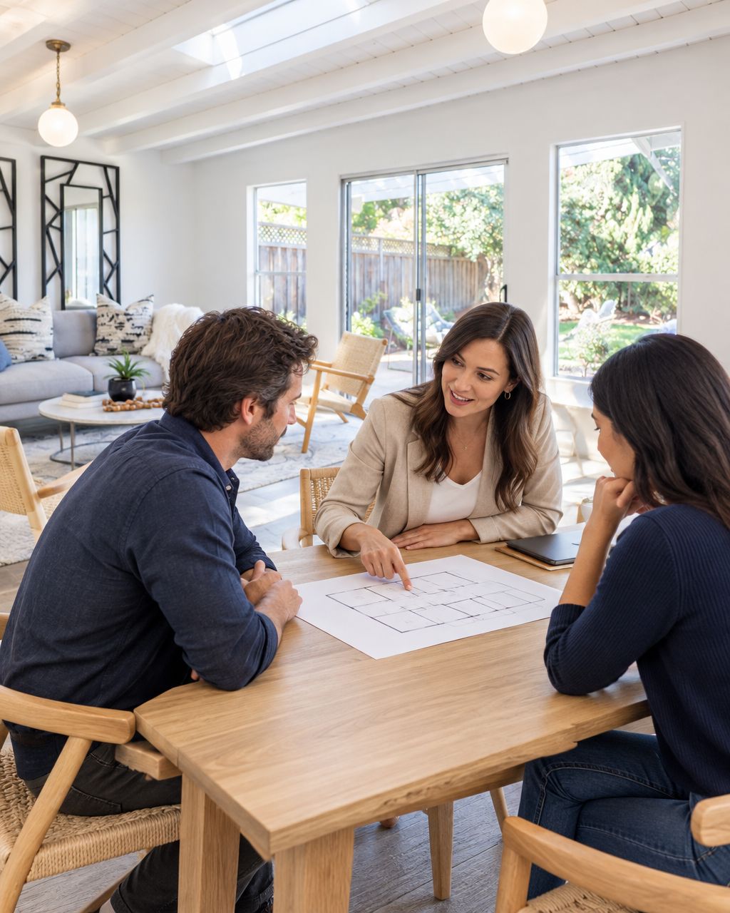 Real estate adviser reviewing a floor plan with home buyers