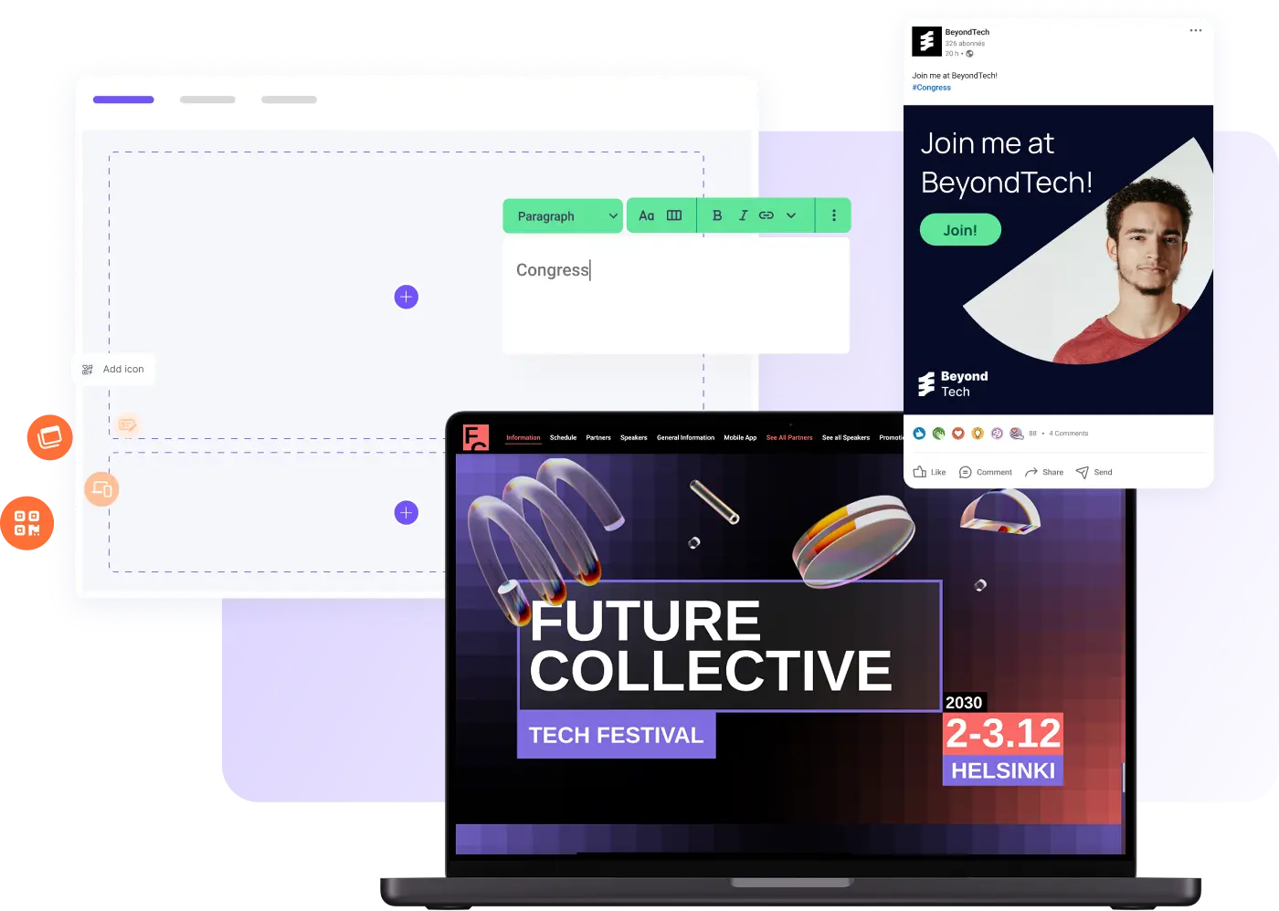 Gridaly features for event promotion: landing page builder, Google integrations, a receipt