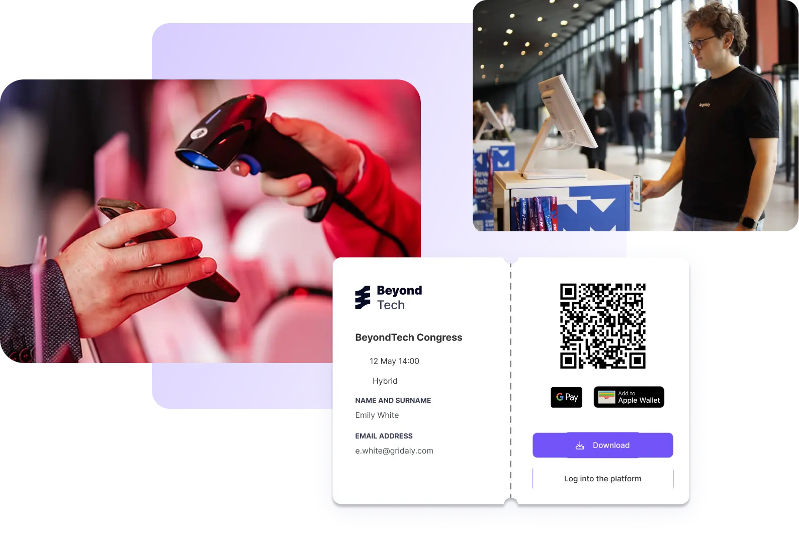 Gridaly Check-in app scanning attendee QR ticket with personalized badge sticker printing