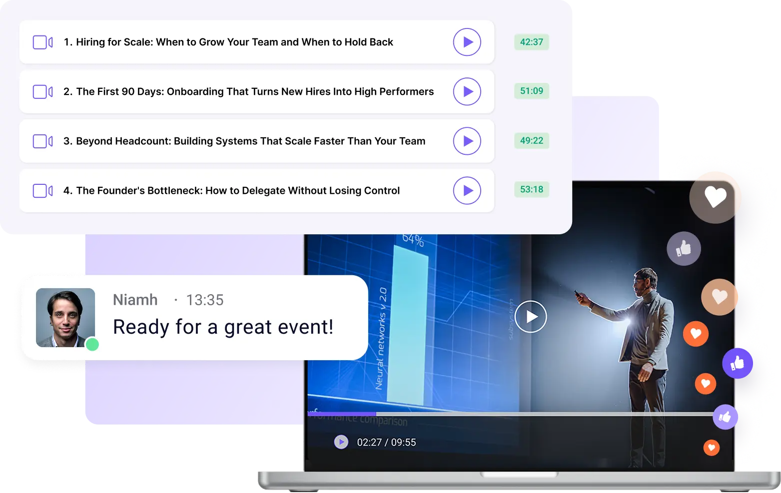 Gridaly features for live streaming: comments, live reactions, live transmission in a video player