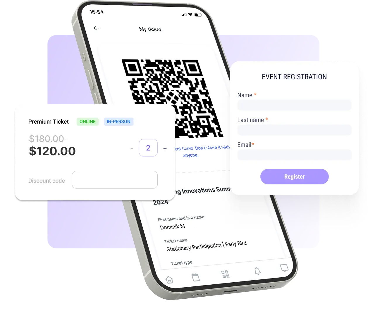Gridaly features for registrations and ticketing: personal QR code, check-in, ticket type