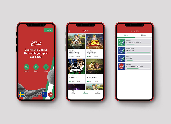 Pzbuk mobile app interface displaying game selection, user profiles, and promotional banners, emphasizing engaging user experience.