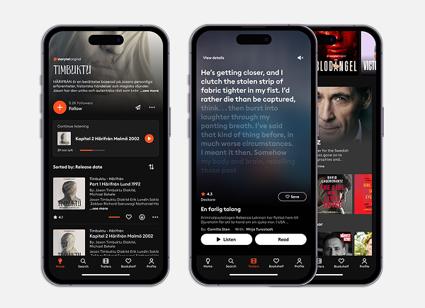 Storytel app interface showcasing audiobook and e-book browsing, with a focus on user-friendly navigation and immersive reading experience.