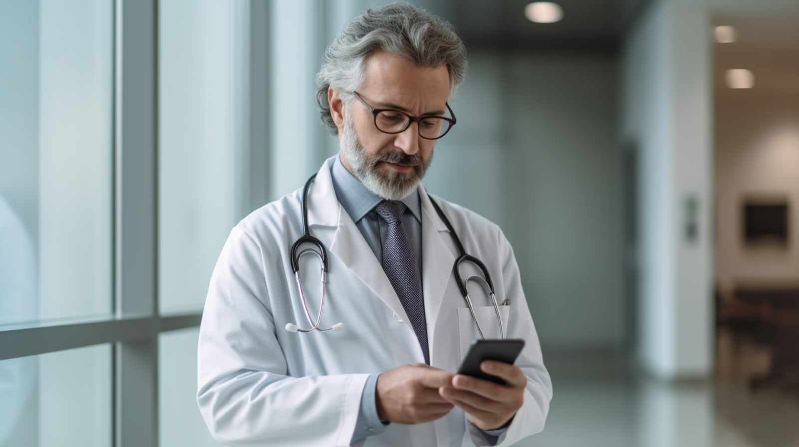 A doctor standing by a window in the hallway of a clinic sending a text message.