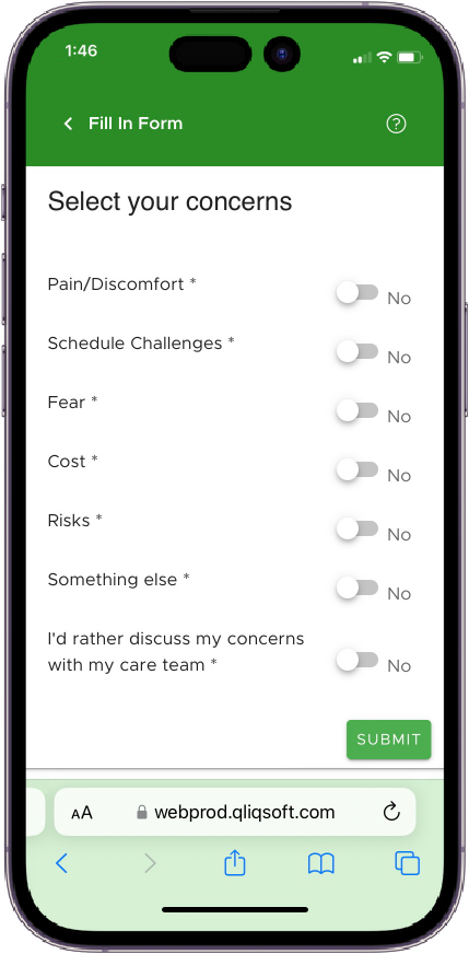 A screenshot of a form that patients can fill out regarding their concerns for an upcoming visit. 