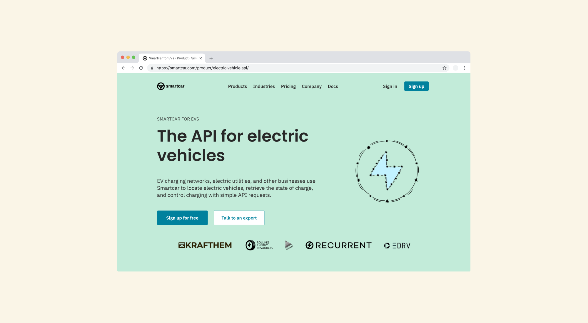 A screenshot of the Smartcar website showing a marketing page entitled "The API for electric vehicles"