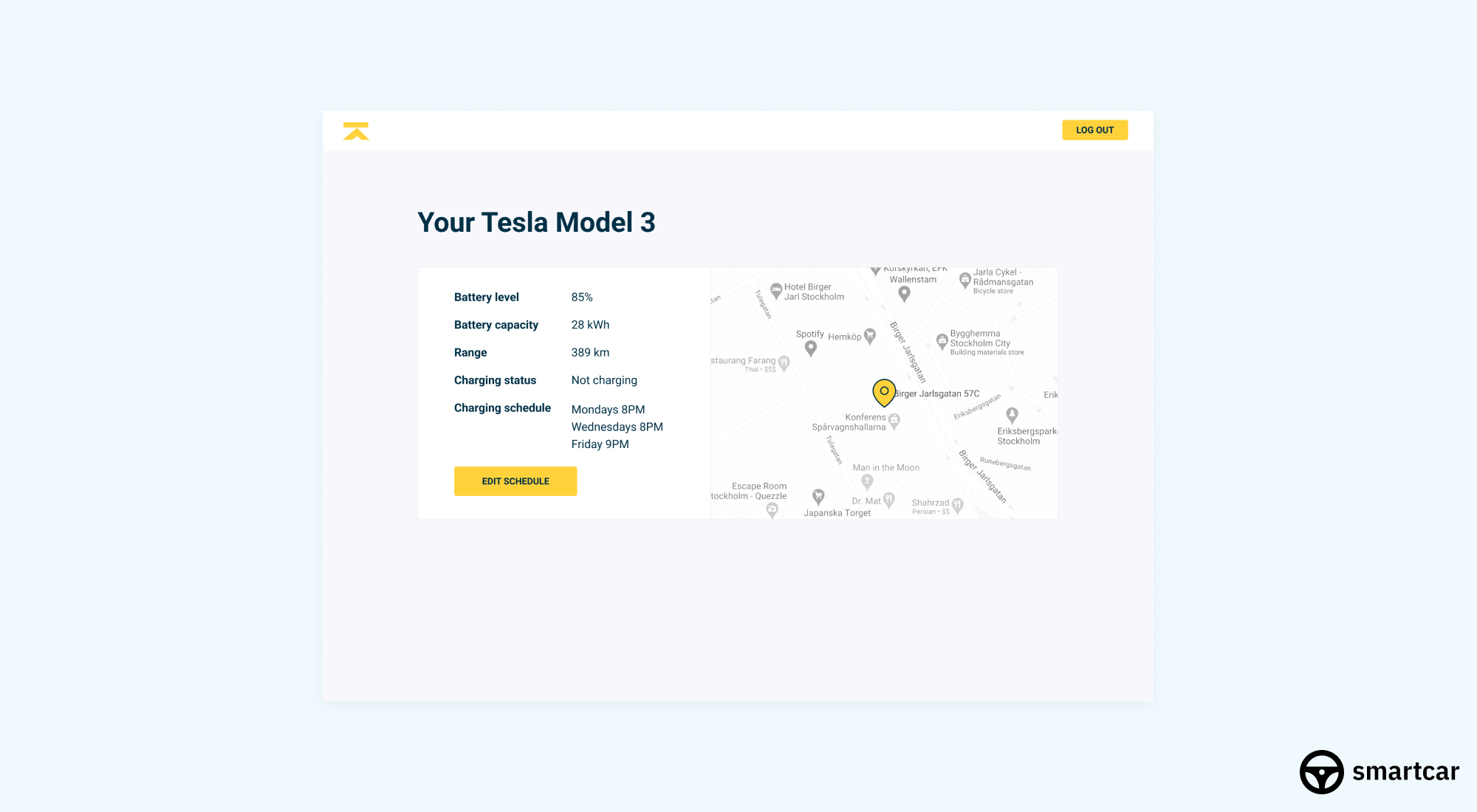 Web browser screenshot showing a dashboard that says "Your Tesla Model 3" and shows the car's battery level, battery capacity, range, charging status, charging schedule, and its location on a map.