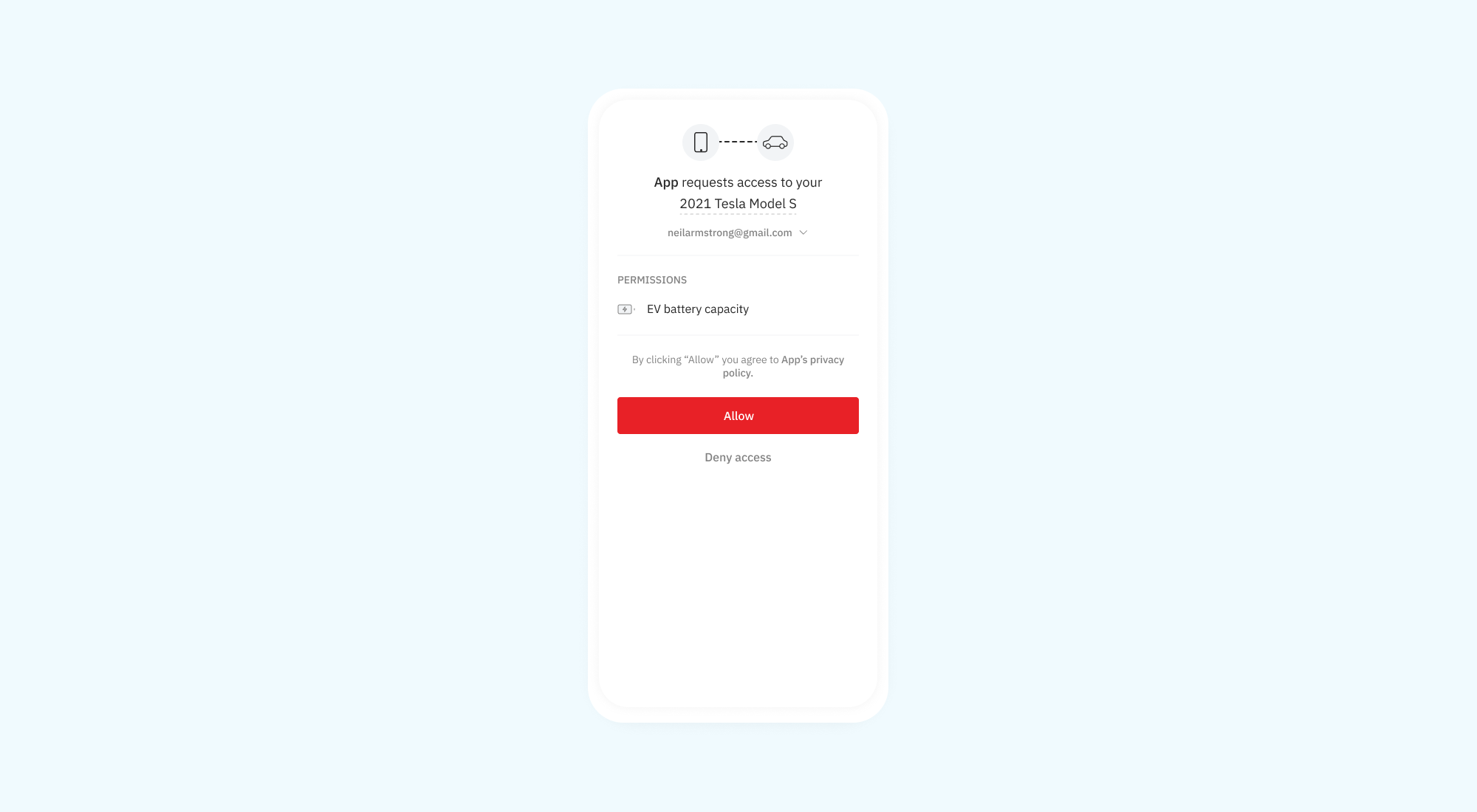 Smartphone showing a UI dialog in which an app requests access to the battery capacity of the user's 2021 Tesla Model S.