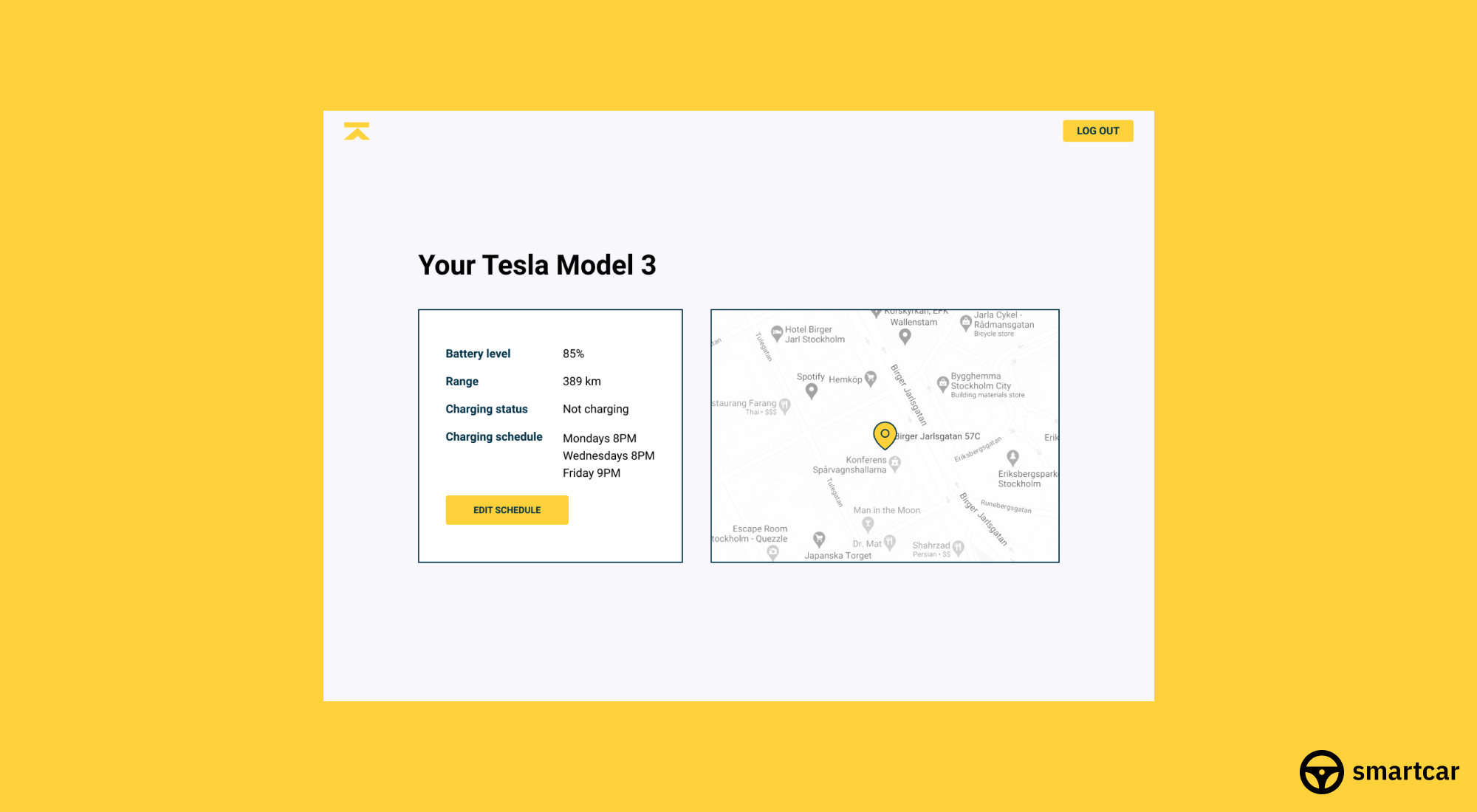 Browser window showing the Krafthem dashboard with a Tesla Model 3's location, battery level, range, charging status, and charging schedule.