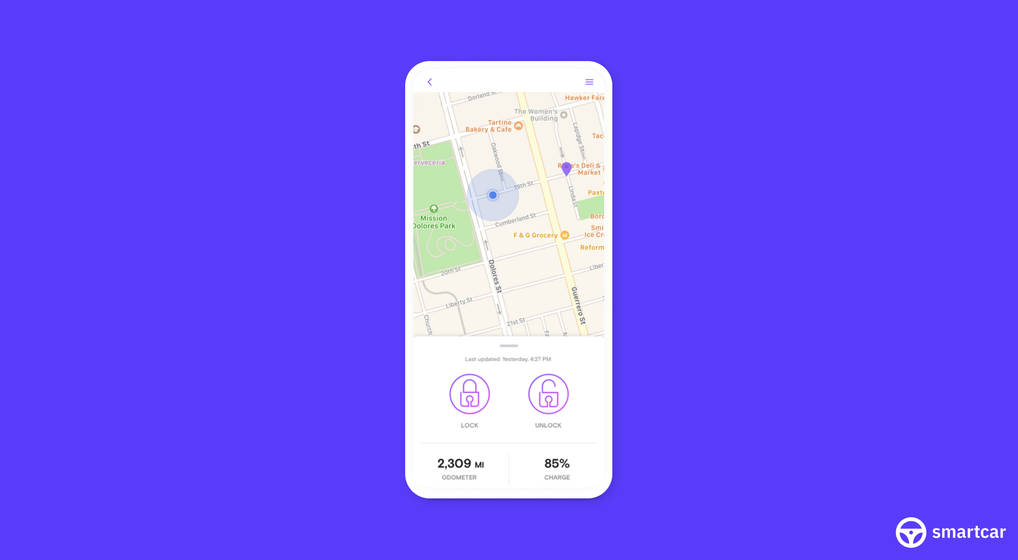Phone screen showing a map with a pinpointed vehicle location and a lock/unlock button.