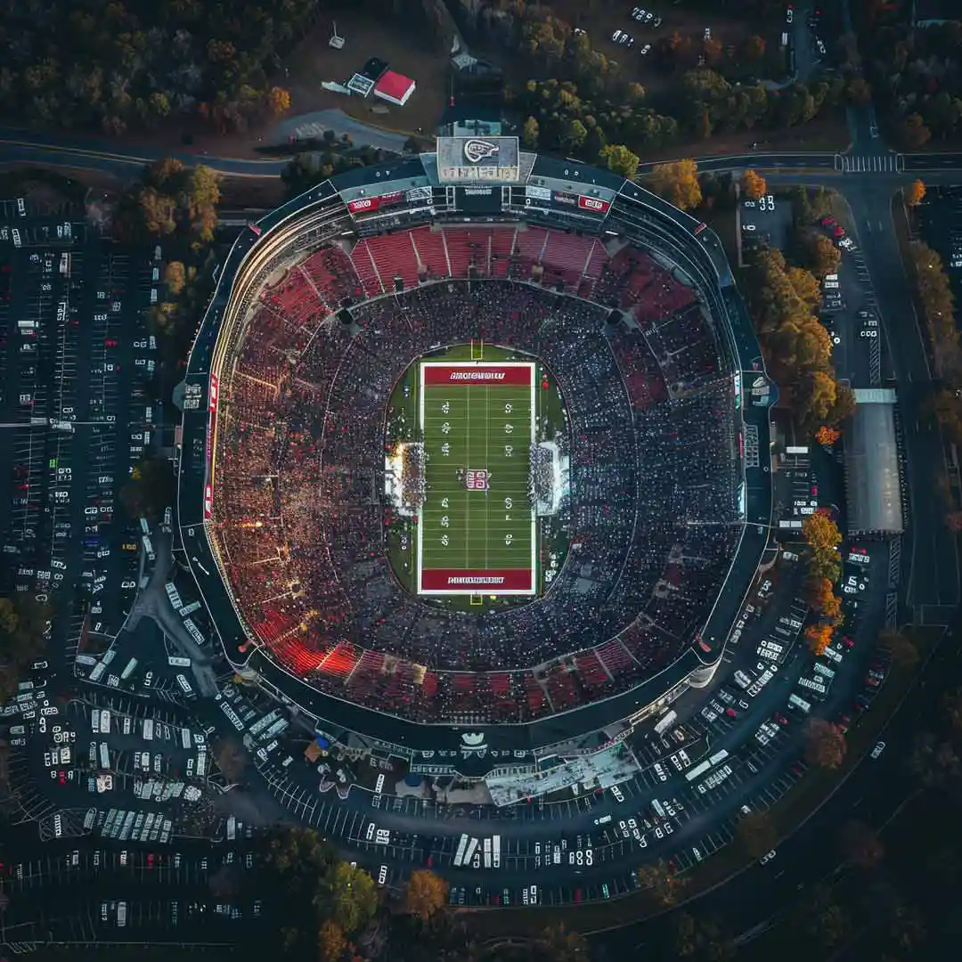 Bird's eye view of a stadium and tailgating at a college football game.