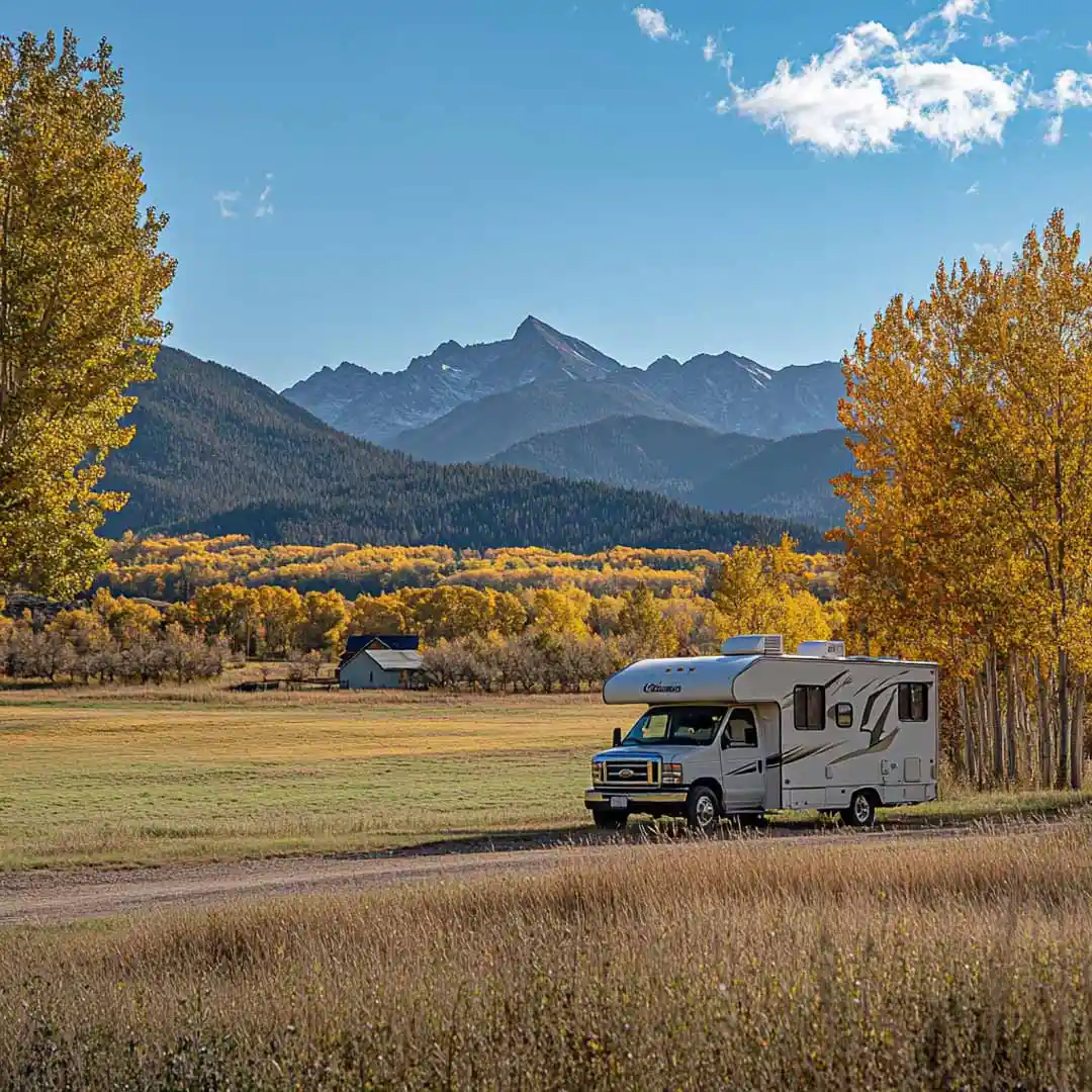 Class B RV camping on farm during the autumn months.