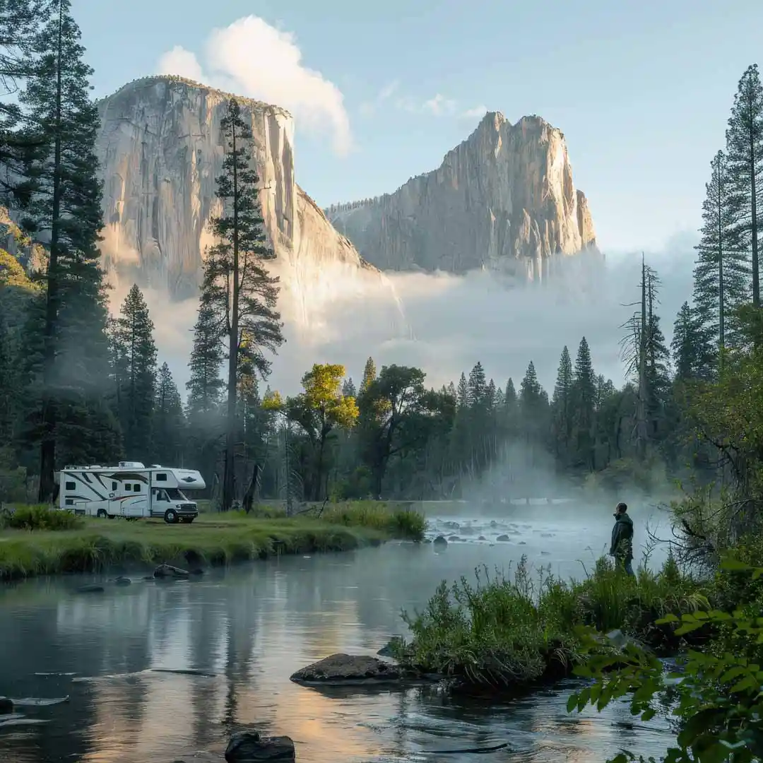 RV parked in a national park in California in the early morning.