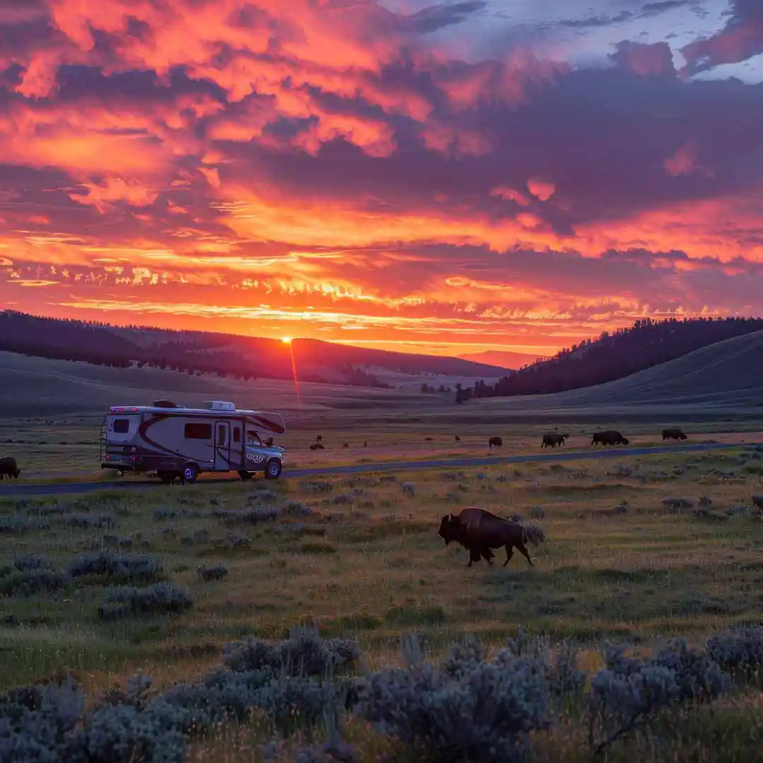 Sunset at Yellowstone’s Lamar Valley with bison and RV in the background.
