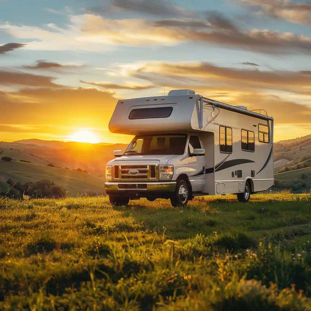 Class C parked in a pasture