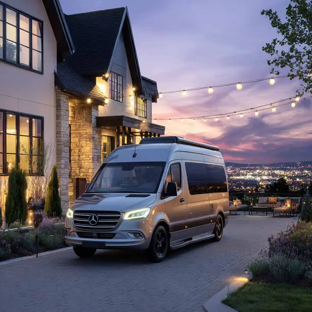 Class B overlooking a valley parked in the driveway.